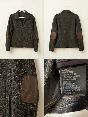 Comstock & Co Mens L Wool Jacket Coat Full Zip Tweed Leather Elbow Patches